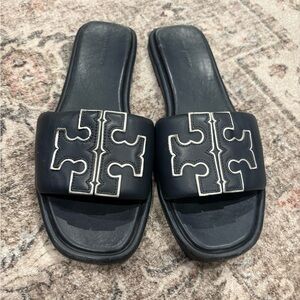 Tory Burch Black Slide Sandals with Silver Accent